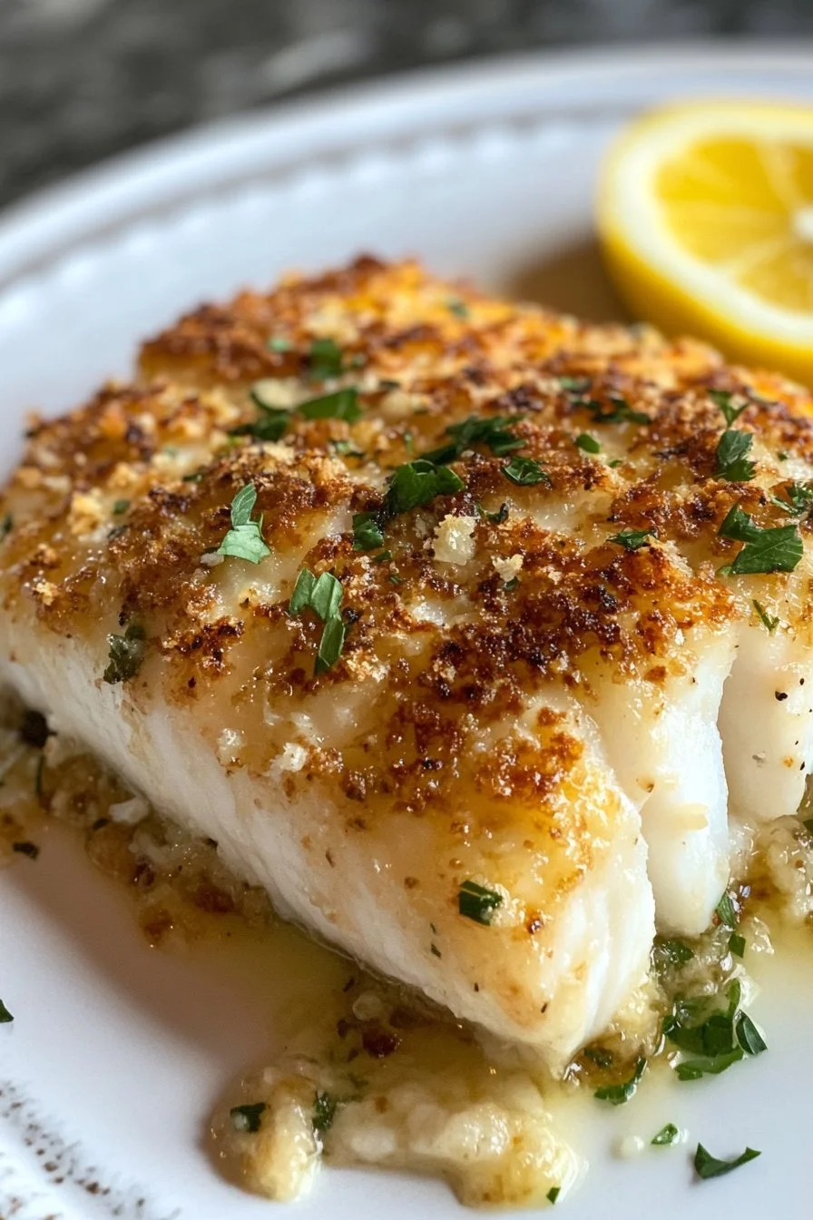 Halibut al forno saporito all'aglio e parmigiano