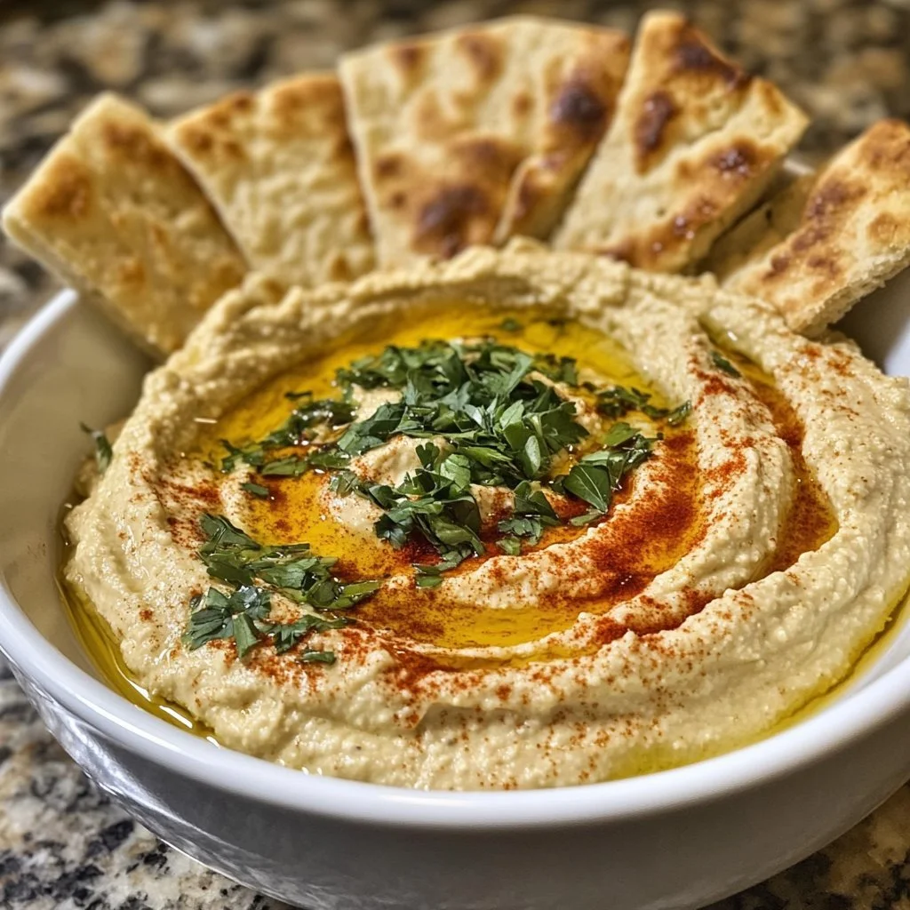 Ciotola di hummus con verdure fresche e olio d'oliva