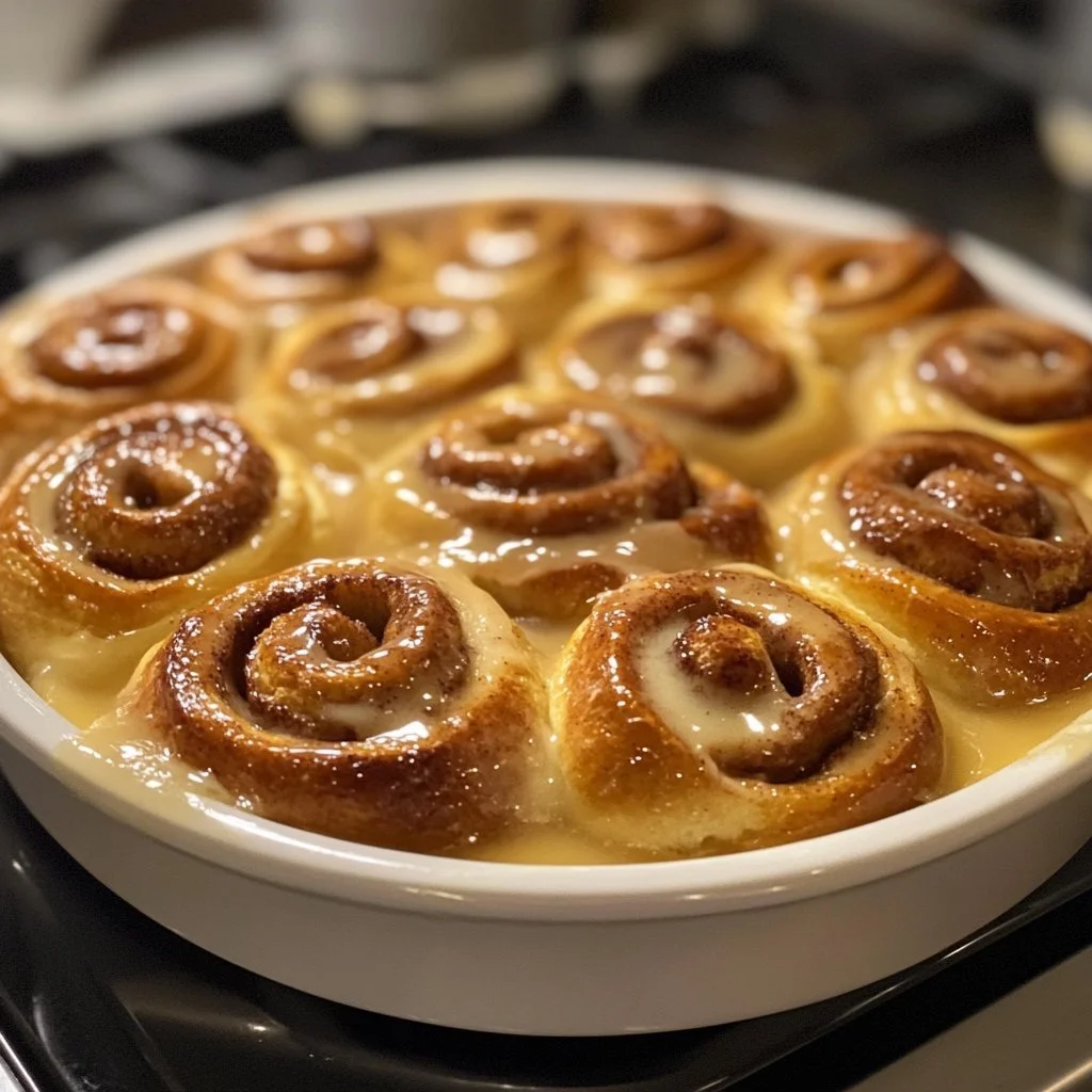 Deliziosi cinnamon rolls appena sfornati con glassa di zucchero.