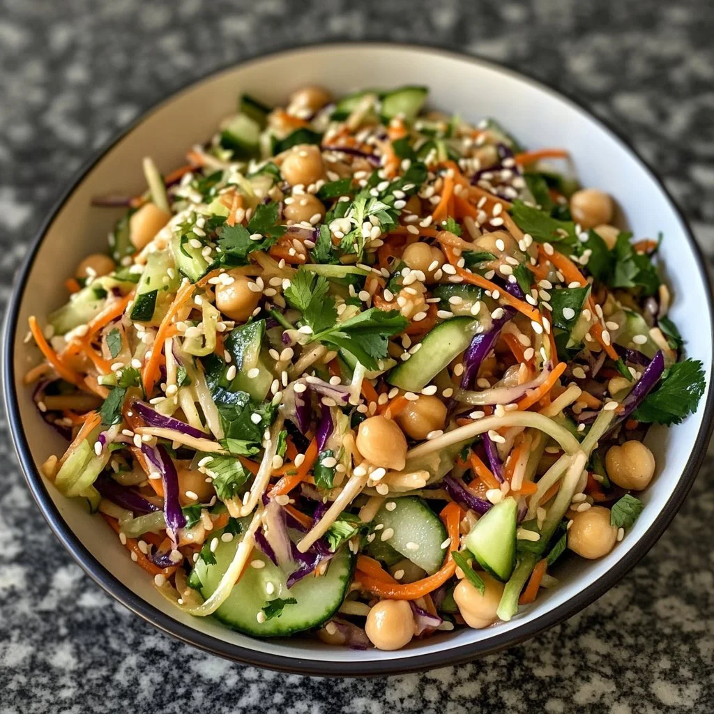 Insalata asiatica di cetrioli e ceci con vinaigrette al sesamo in una ciotola
