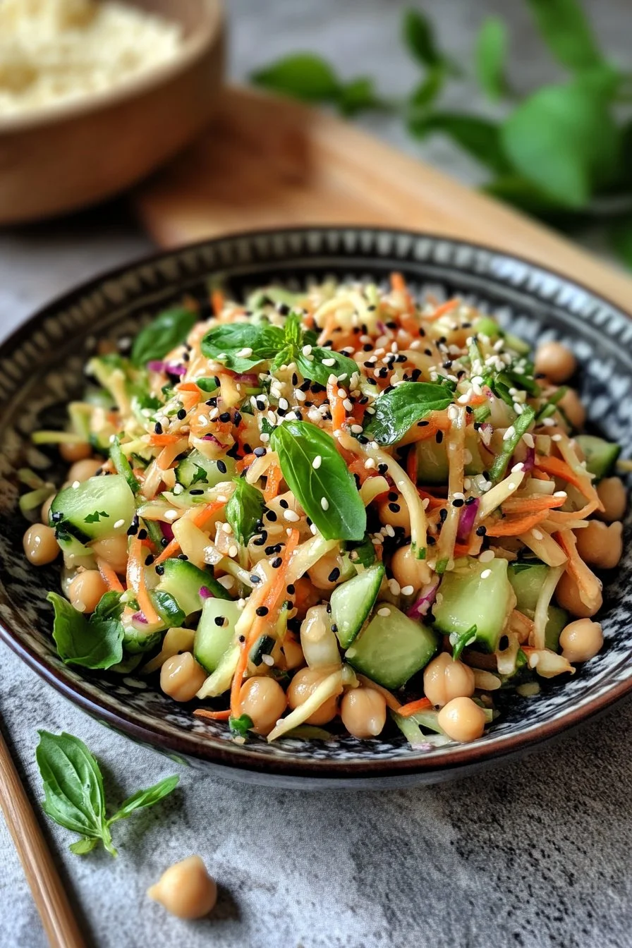 Insalata asiatica di cetrioli e ceci con vinaigrette al sesamo