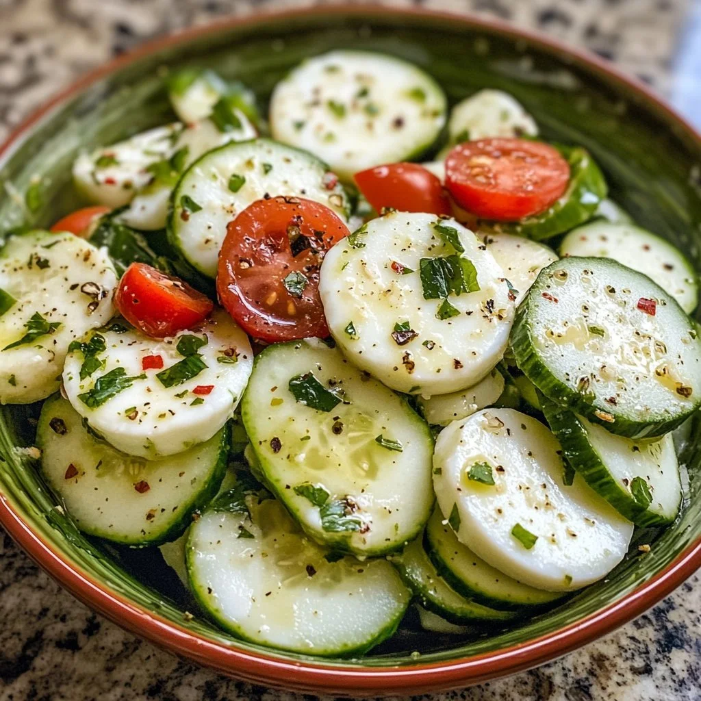 Insalata di cetrioli e mozzarella fresca e colorata in un piatto