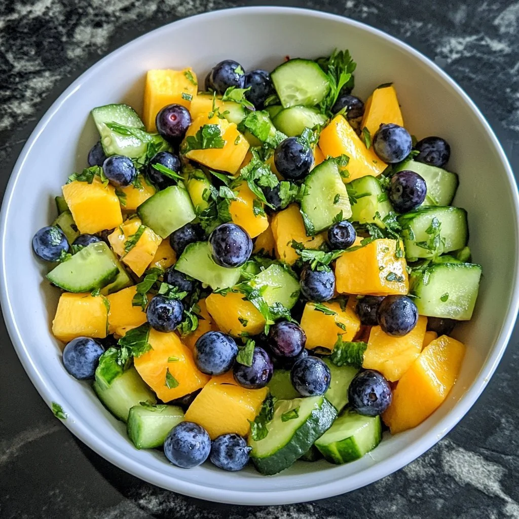 Insalata di mango e cetriolo con mirtilli e avocado fresca e colorata