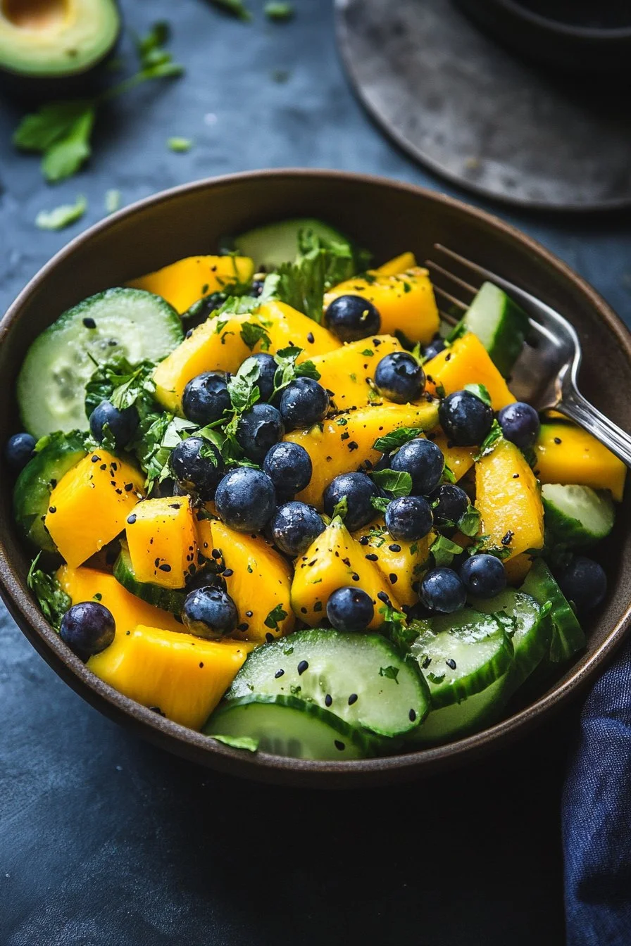 Insalata di mango e cetriolo con mirtilli e avocado