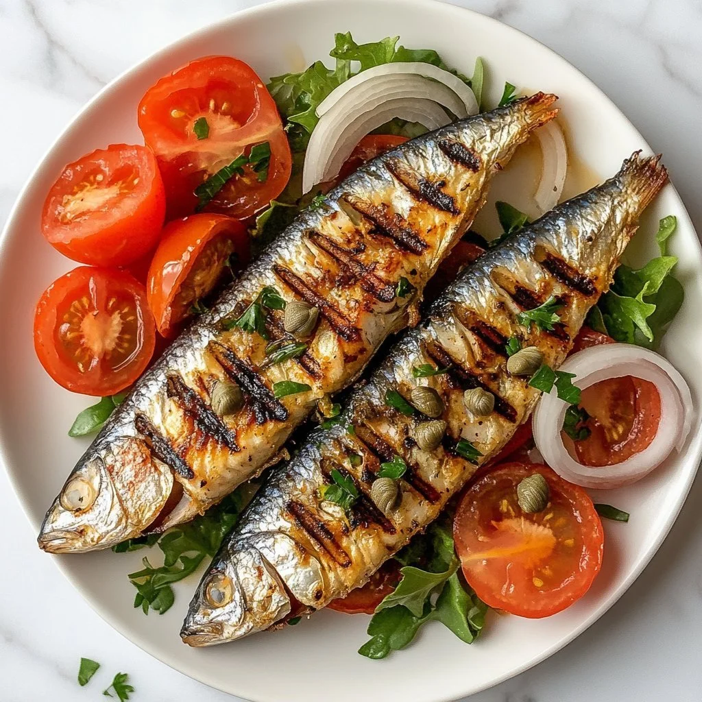 Insalata appetitosa di sardine fritte fresche su un piatto bello.