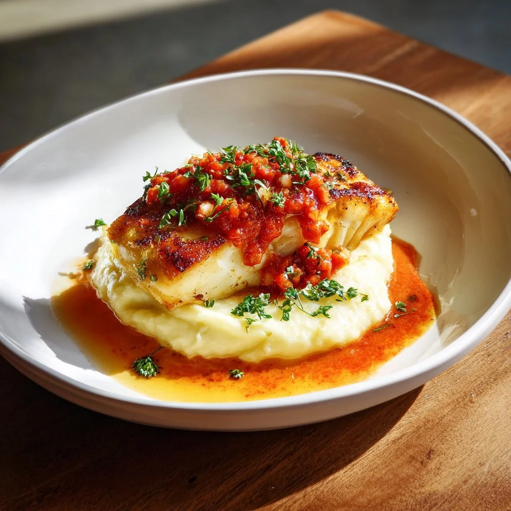 Piatto di merluzzo servito con crema di chorizo