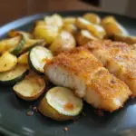 Piatto di merluzzo fritto con patate al forno e zucchine fritte