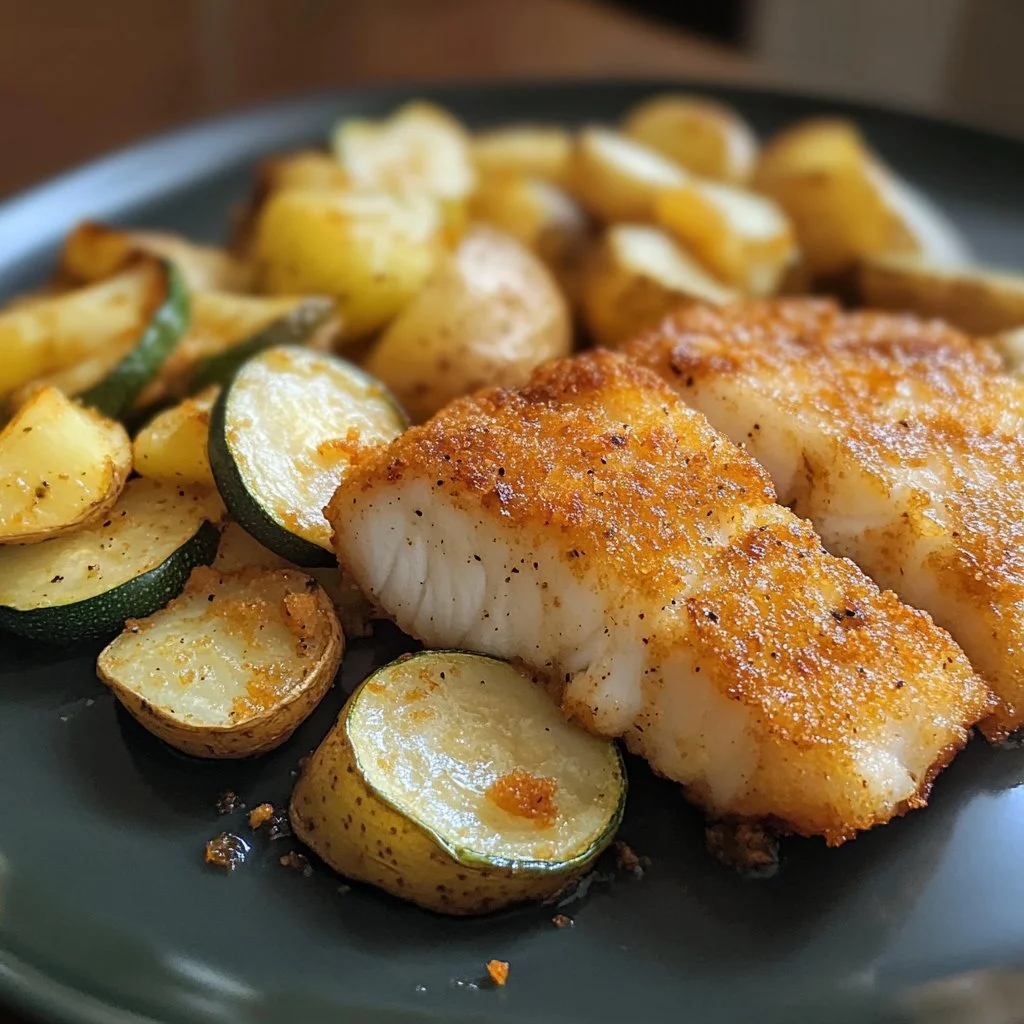 Piatto di merluzzo fritto con patate al forno e zucchine fritte