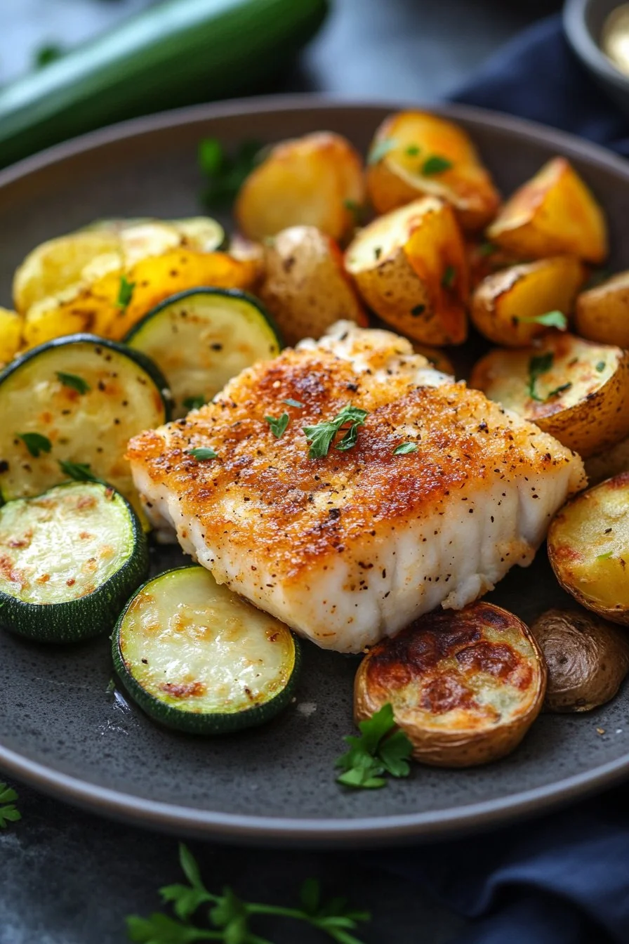 Merluzzo fritto con patate al forno e zucchine fritte