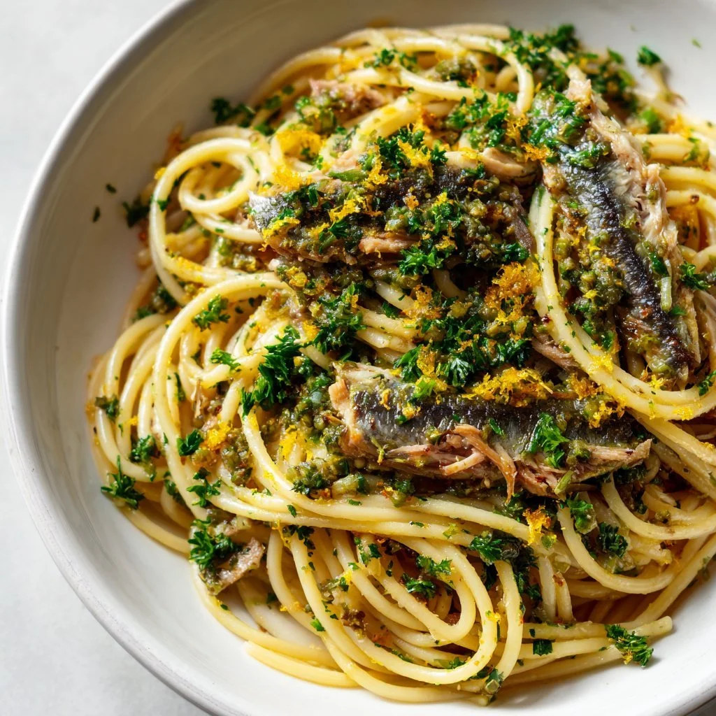 Pasta con Sarde, Aglio e Buccia - piatto tradizionale siciliano