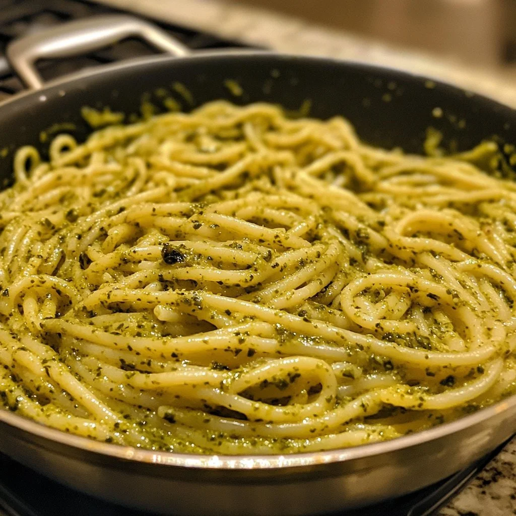 Pasta cremosa al pesto servita con pinoli e basilico fresco.