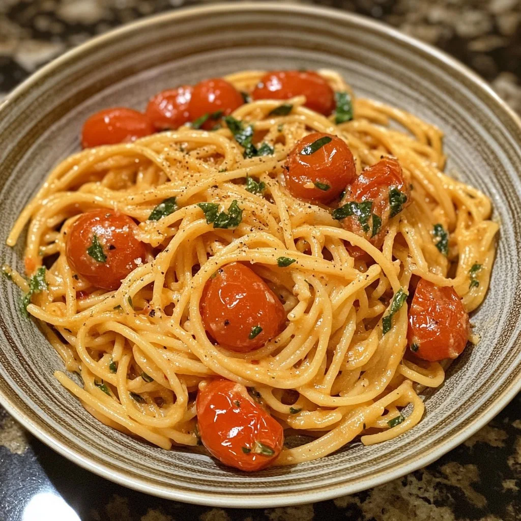 Pasta cremosa con pomodori arrosto toscani in un piatto di ceramica