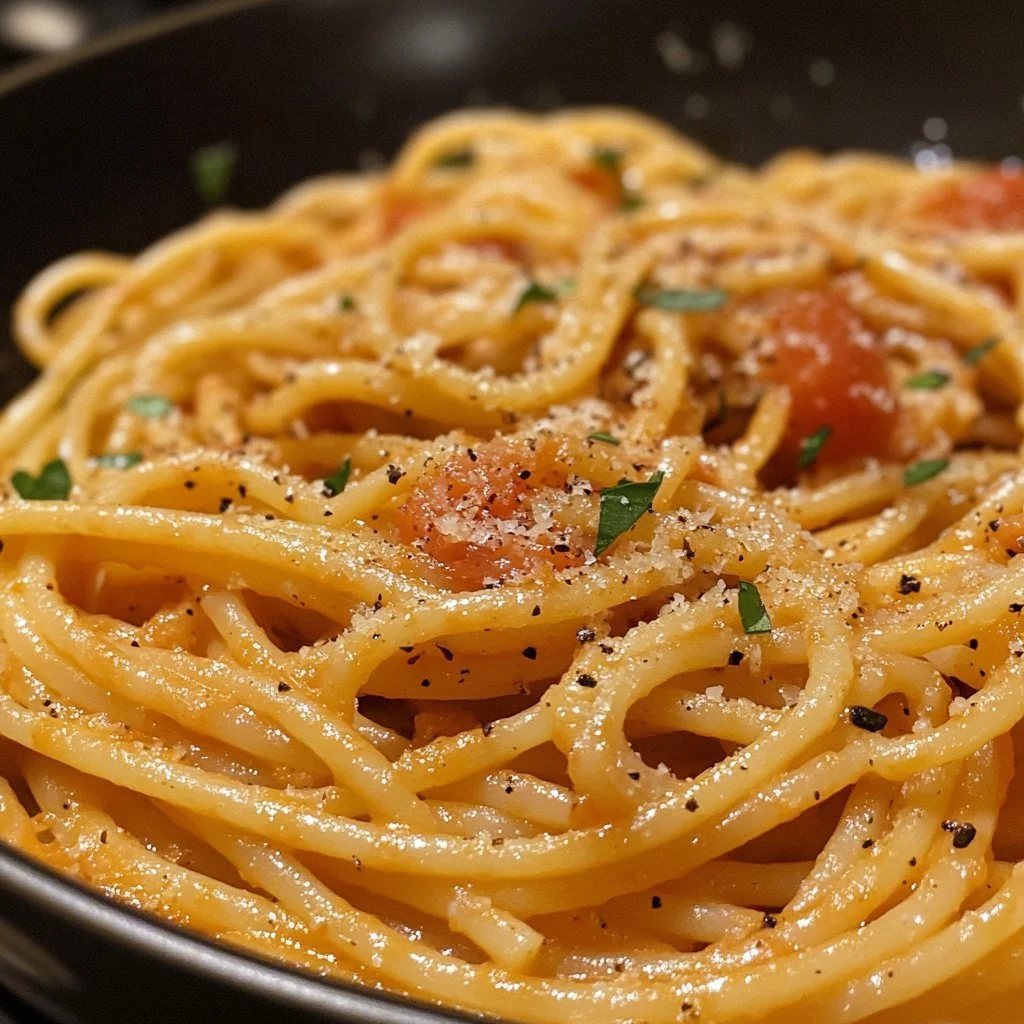 Pasta cremosa con pomodoro e aglio servita in un piatto bianco