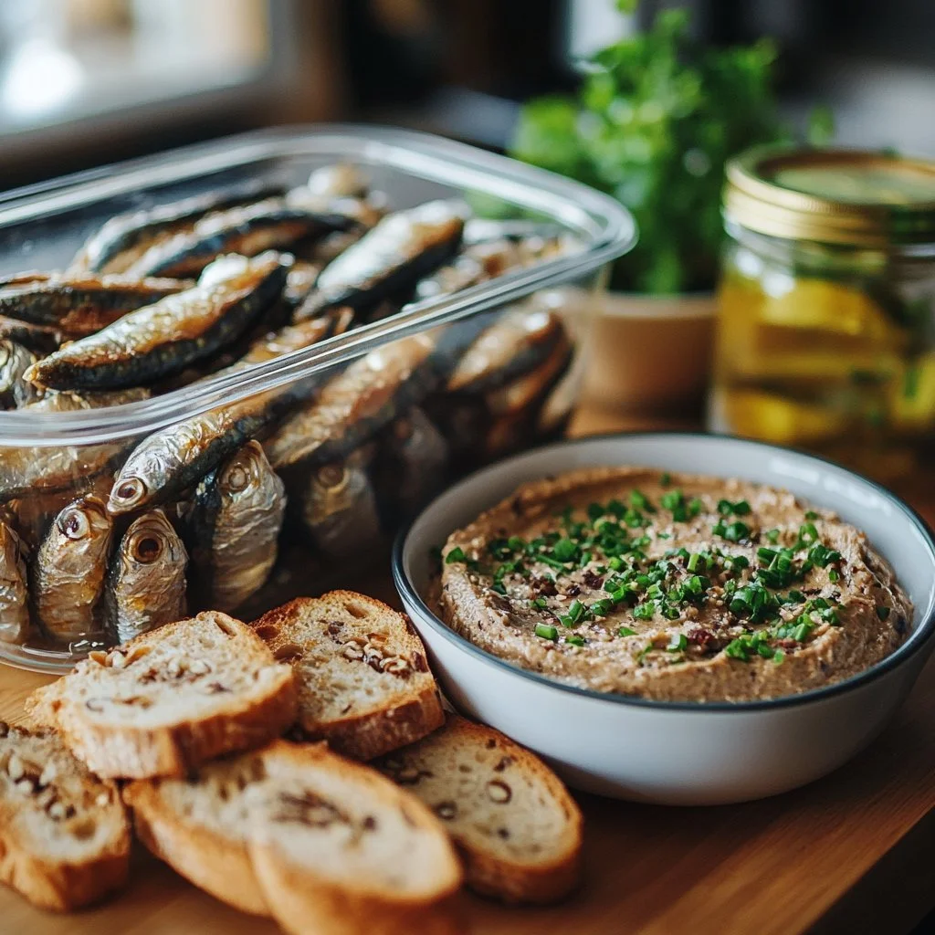 Paté di Sardine servito su crostini con erbe fresche