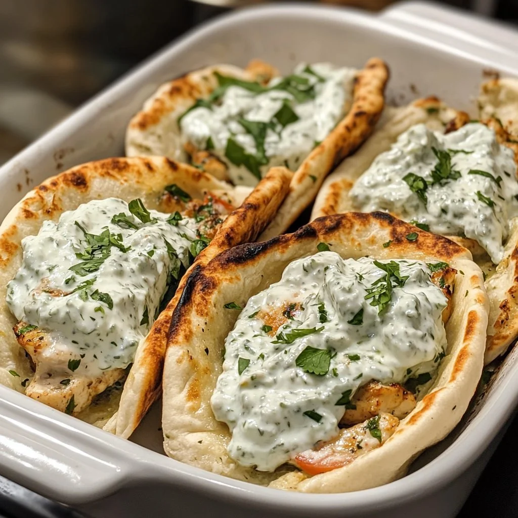 Pitas di pollo greco in cocotte servite con salsa tzatziki fresca
