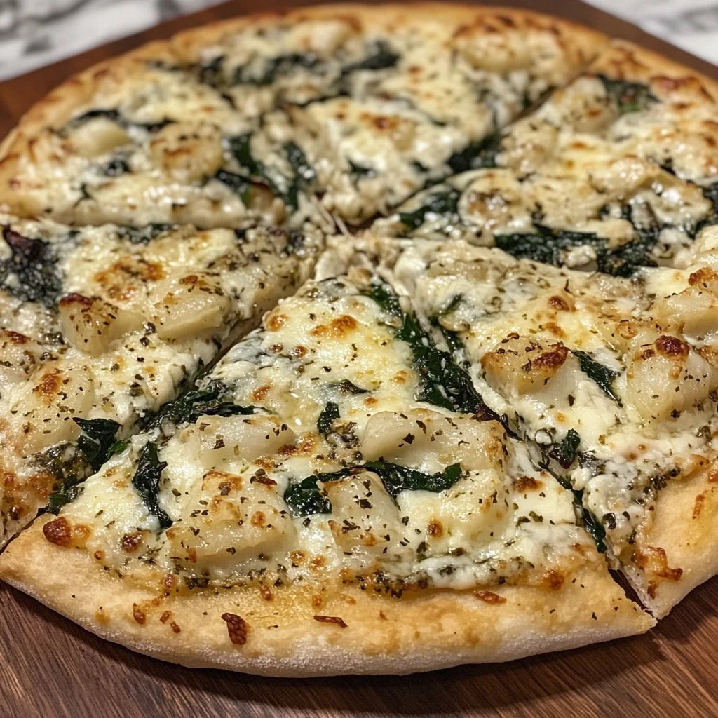 Pizza bianca con spinaci freschi e aglio arrosto greco