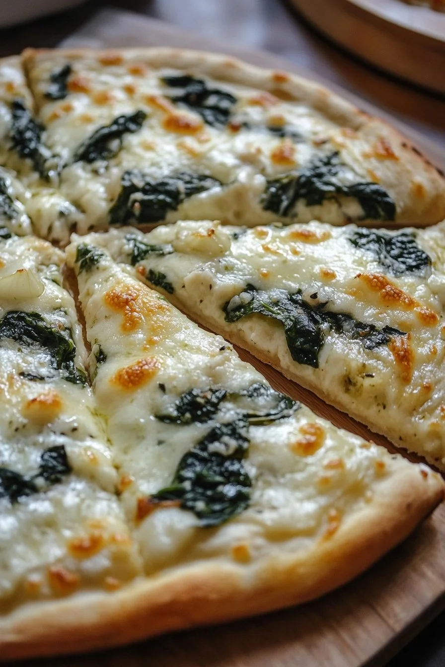 Pizza bianca con spinaci e aglio arrosto greco