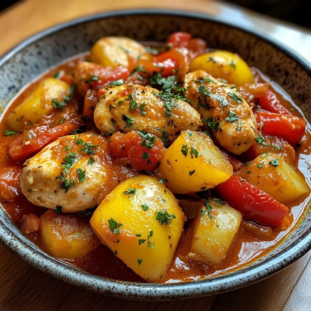 Pollo con peperoni e patate in salsa di pomodoro, piatto tradizionale italiano.