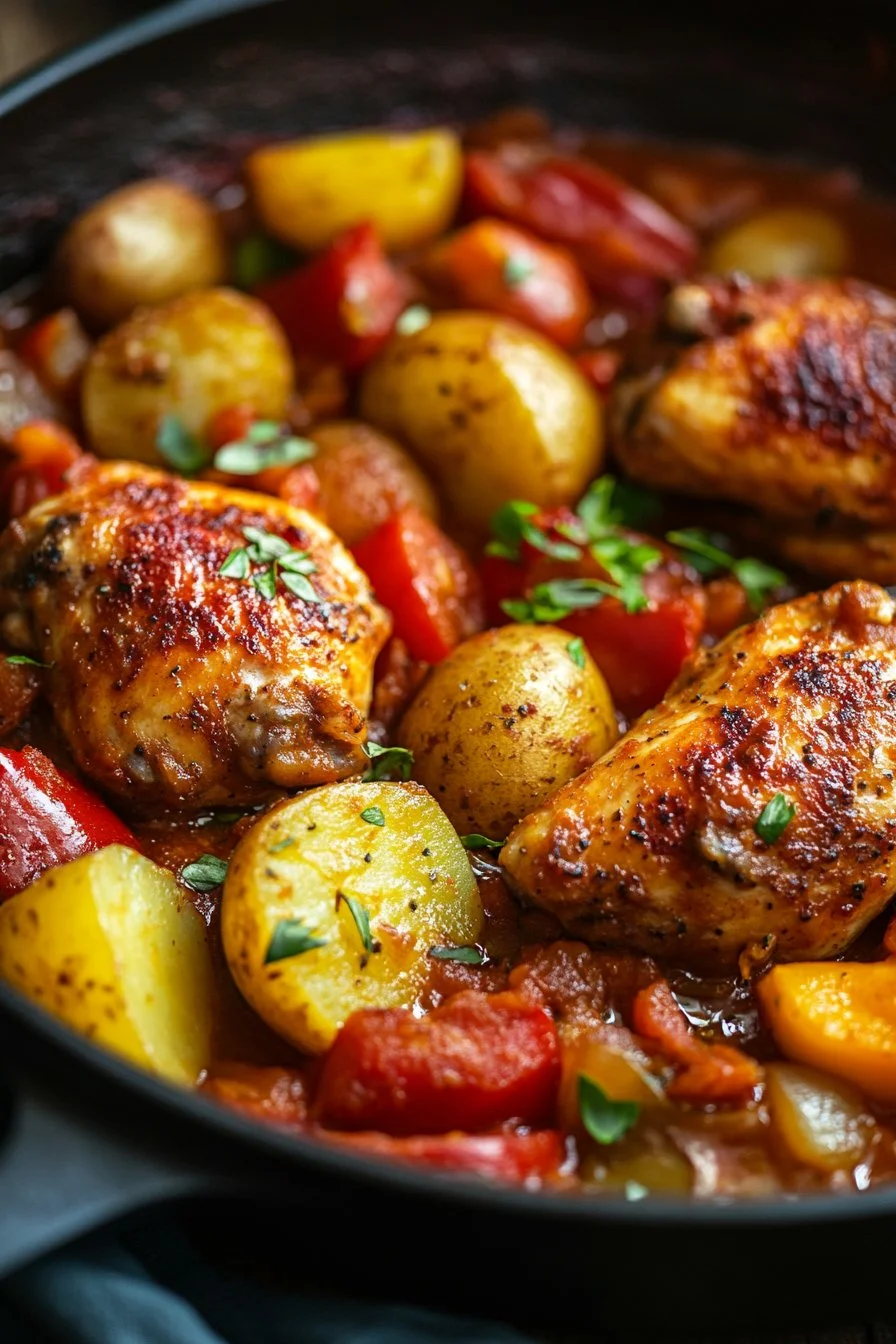 Pollo con peperoni e patate in salsa di pomodoro