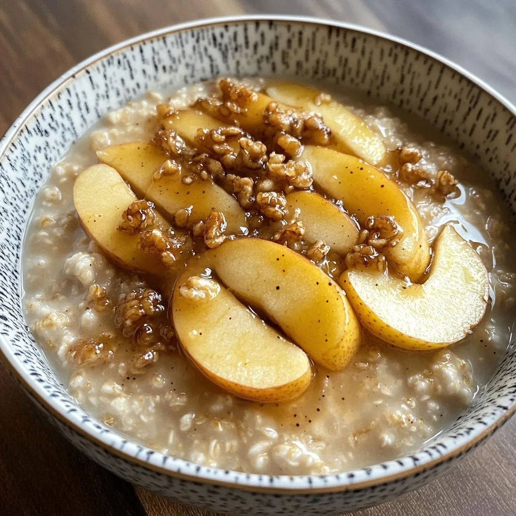 Porridge freddo con mele caramellate servito in una ciotola