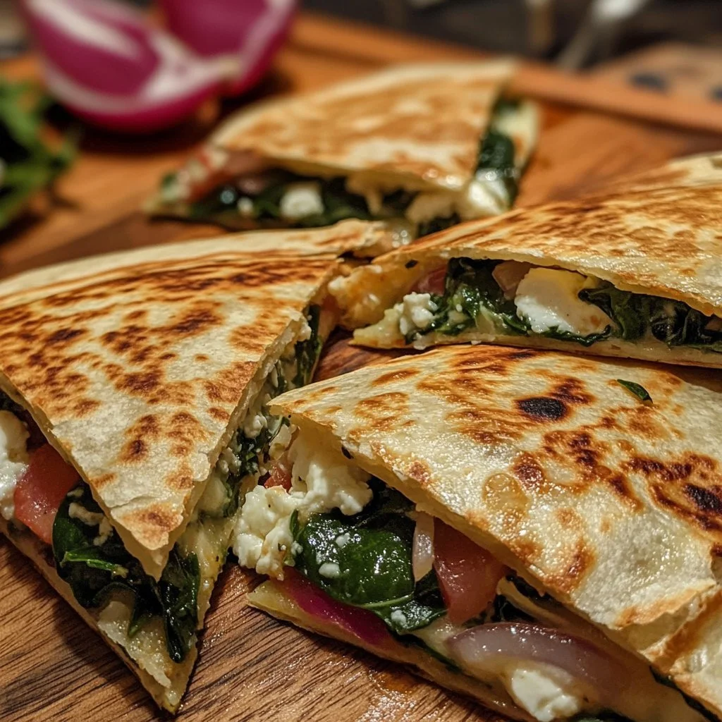Quesadillas mediterranee con spinaci, feta, mozzarella e cipolla rossa pronte da gustare.