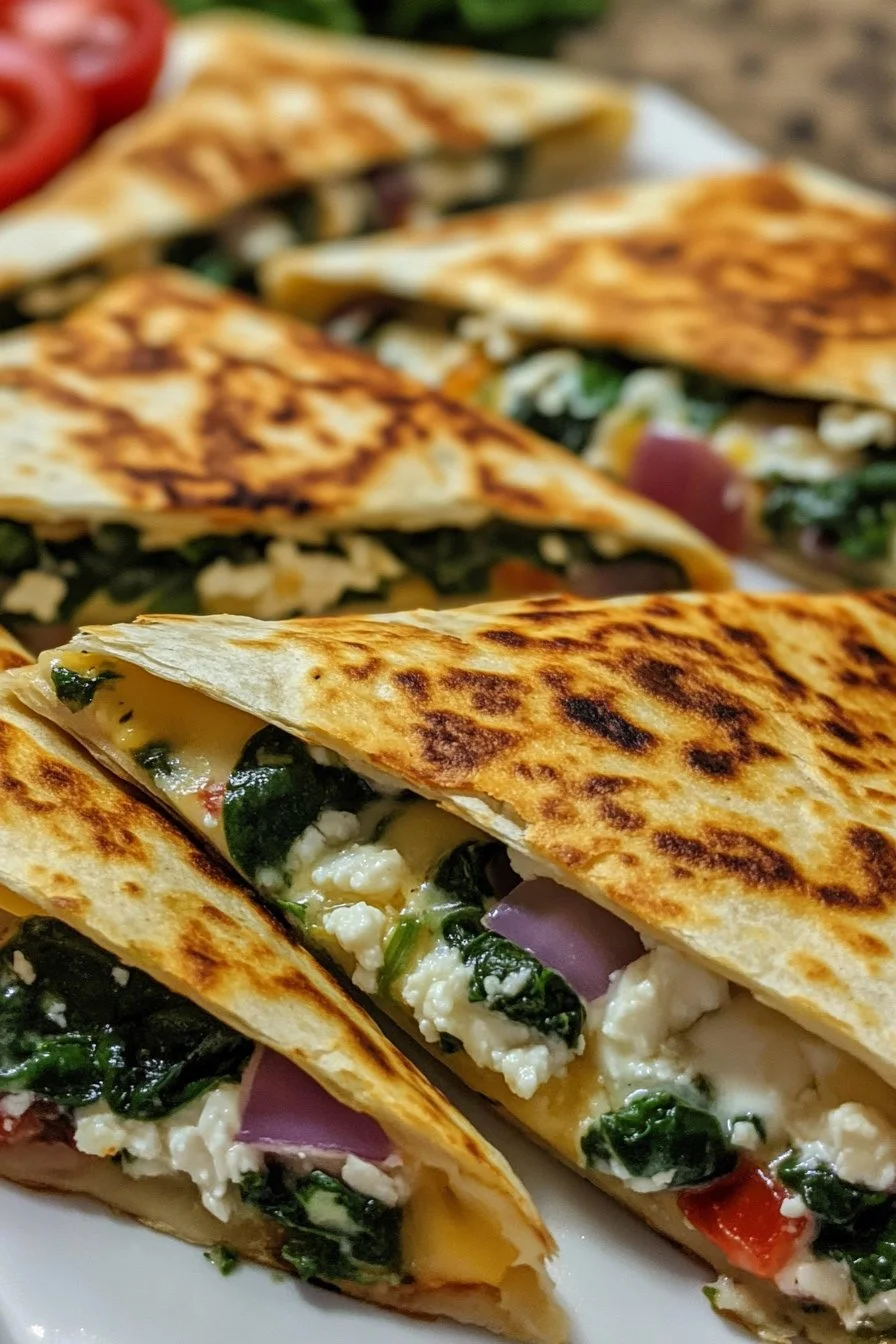 Quesadillas mediterranee con spinaci, feta, mozzarella e cipolla rossa