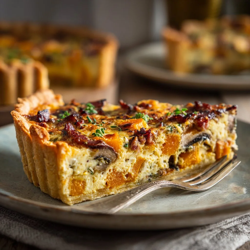Quiche ai funghi, butternut, pancetta e cheddar appena sfornata.