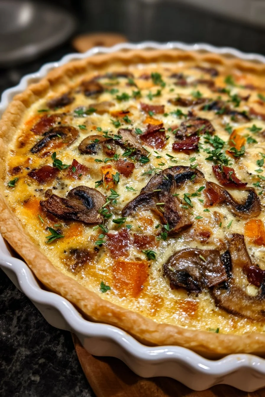 Quiche ai funghi, butternut, pancetta e cheddar