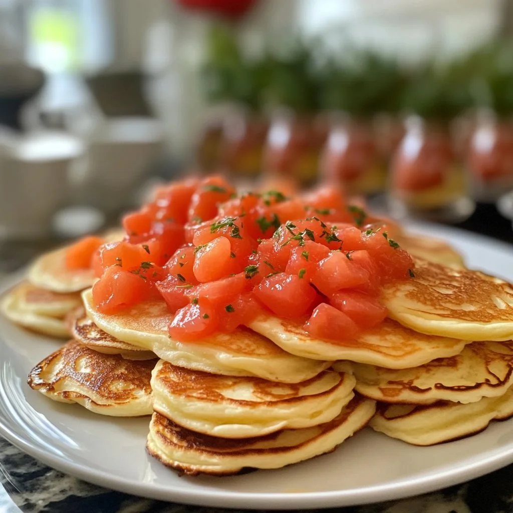 Blinis facili fatti in casa serviti con salsa e guarnizioni