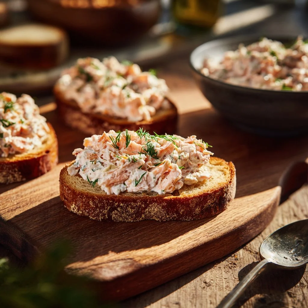 Rillettes di salmone affumicato in una ciotola con pane croccante