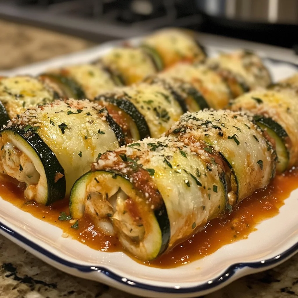 Rollatini di Zucchini con formaggio e salsa in una teglia