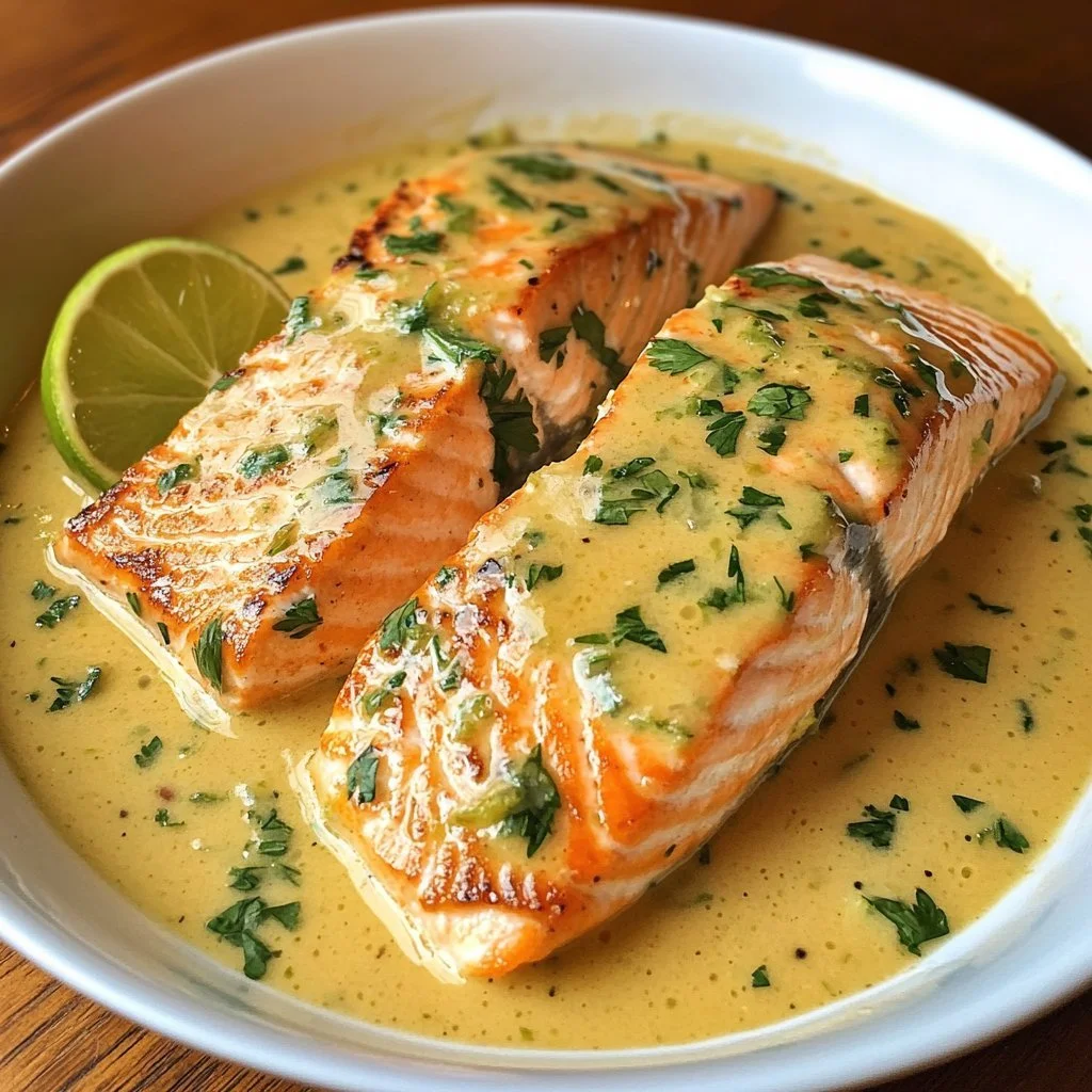 Salmone poché in salsa di latte di cocco e lime servito su un piatto elegante