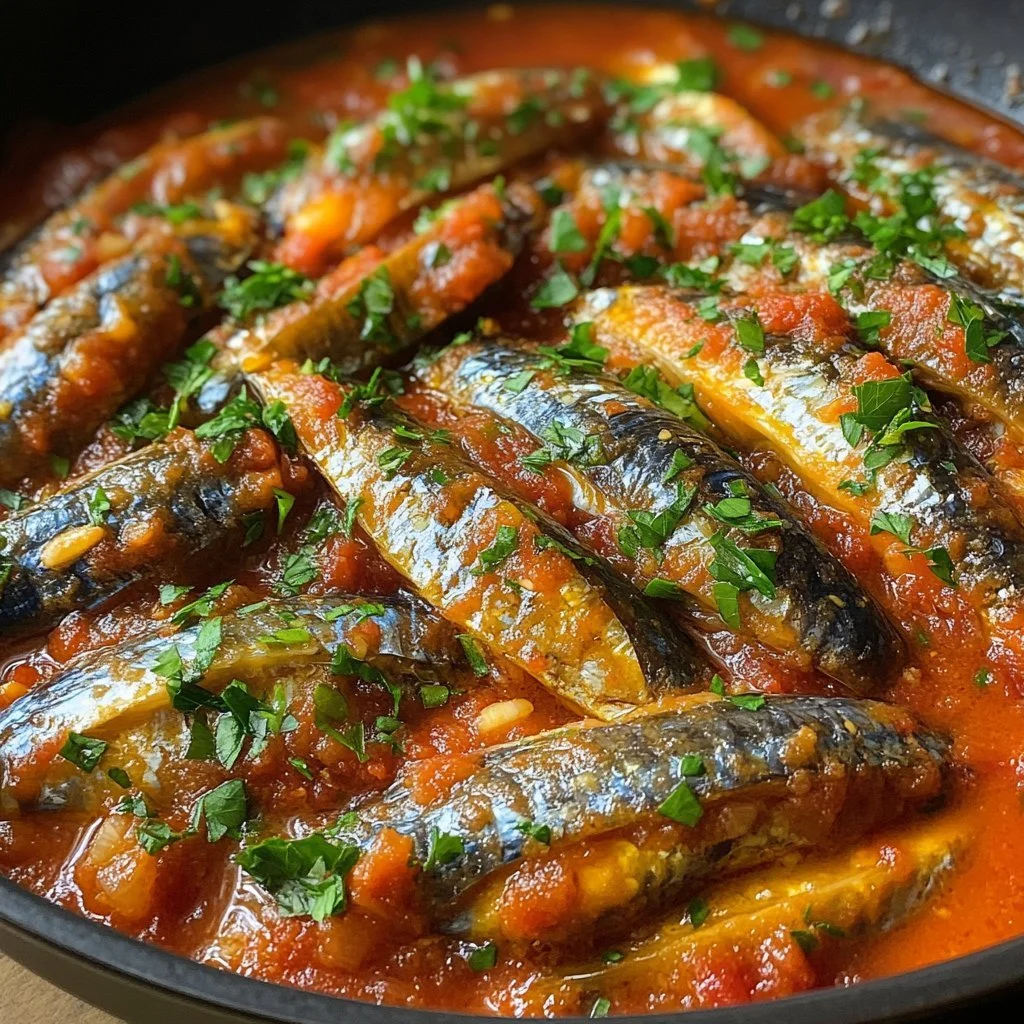Sardine in salsa di pomodoro piccante servite in un piatto