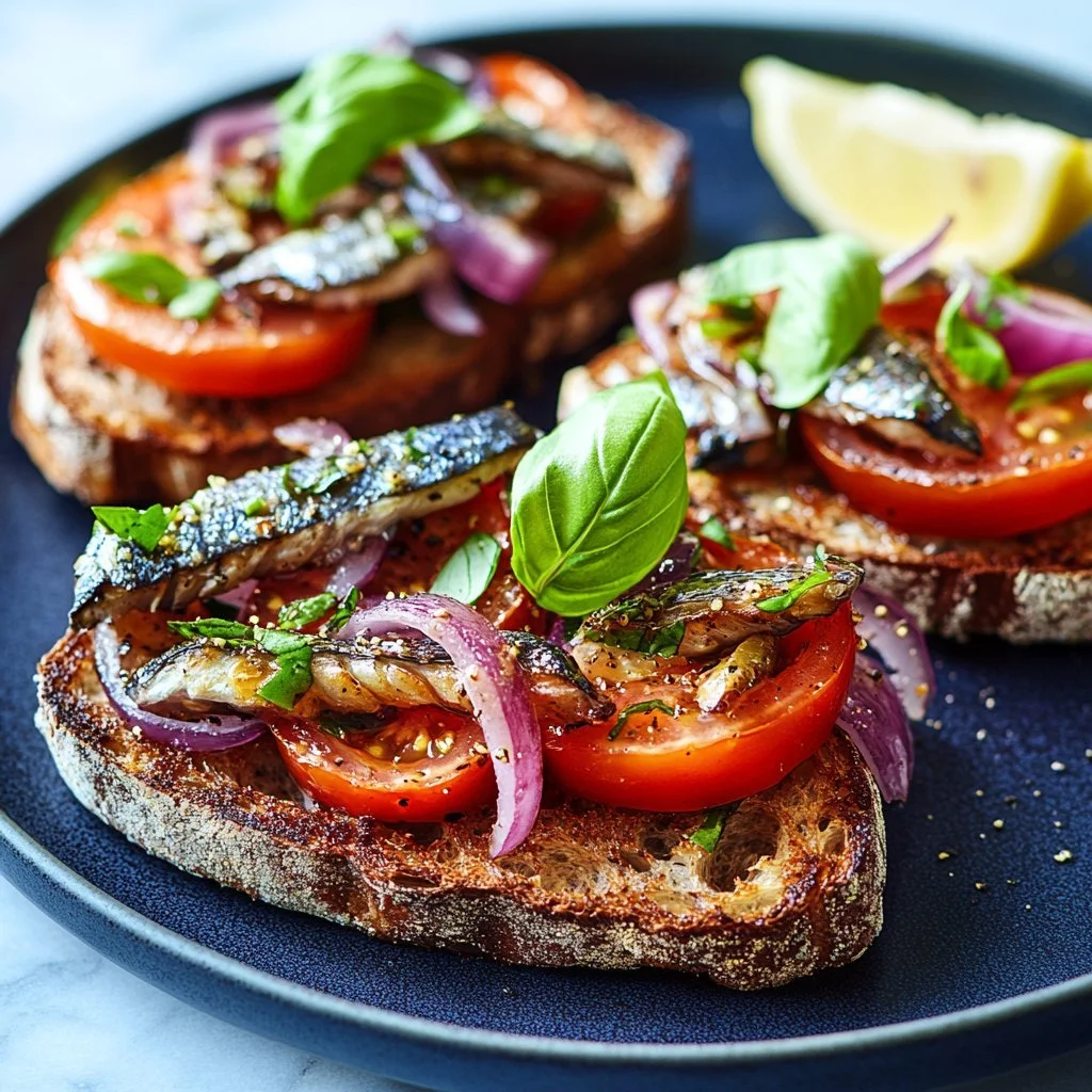 Sardine su toast con limone e erbe fresche, piatto appetitoso e facile da preparare.