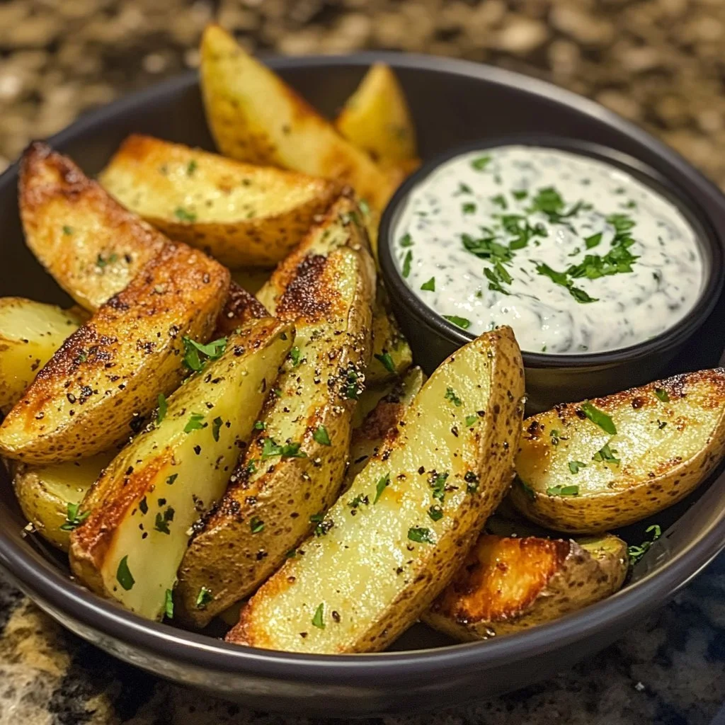 Spicchi di patate con salsa di cetriolo, un piatto fresco e saporito.