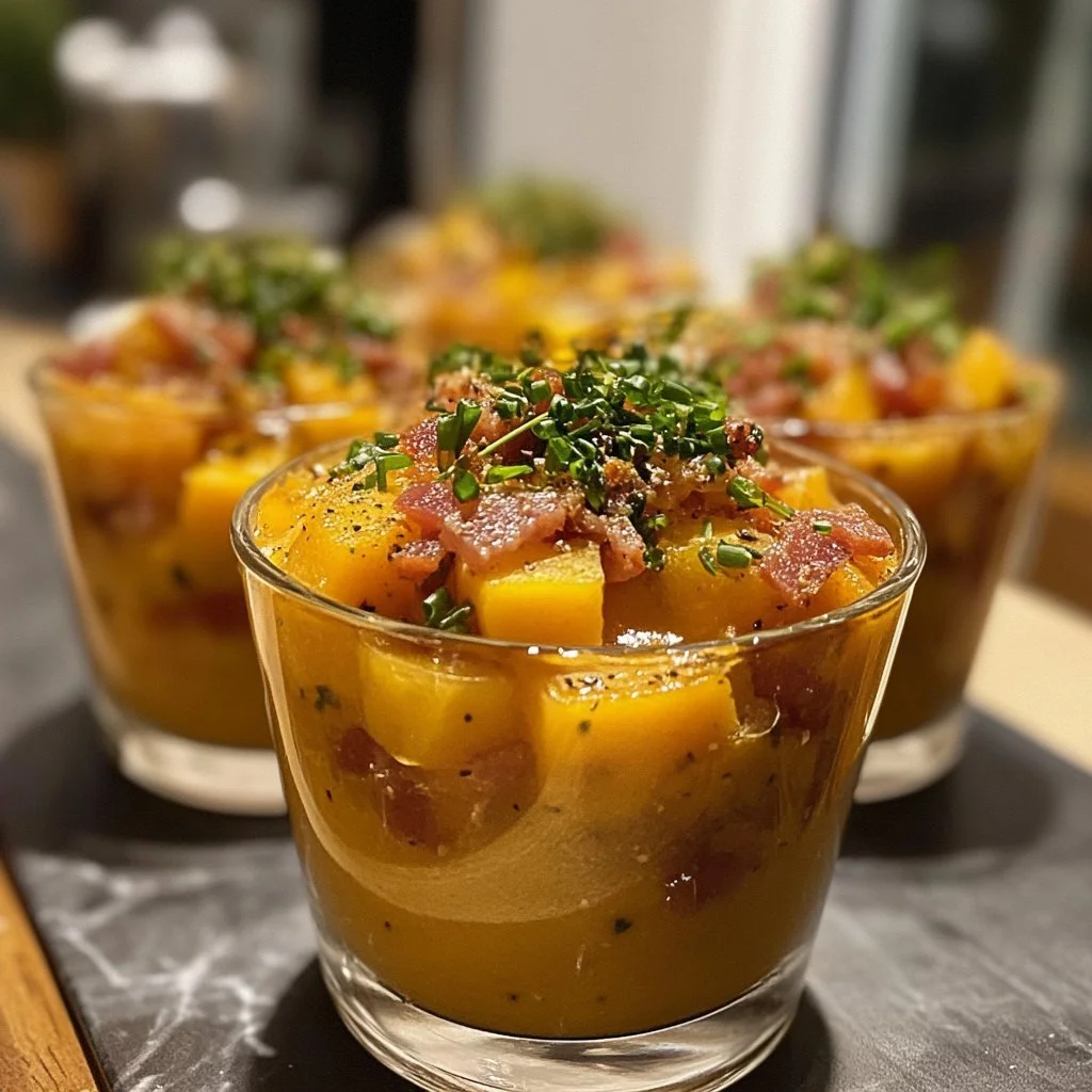 Strati di butternut, chorizo e bacon in un piatto gourmet
