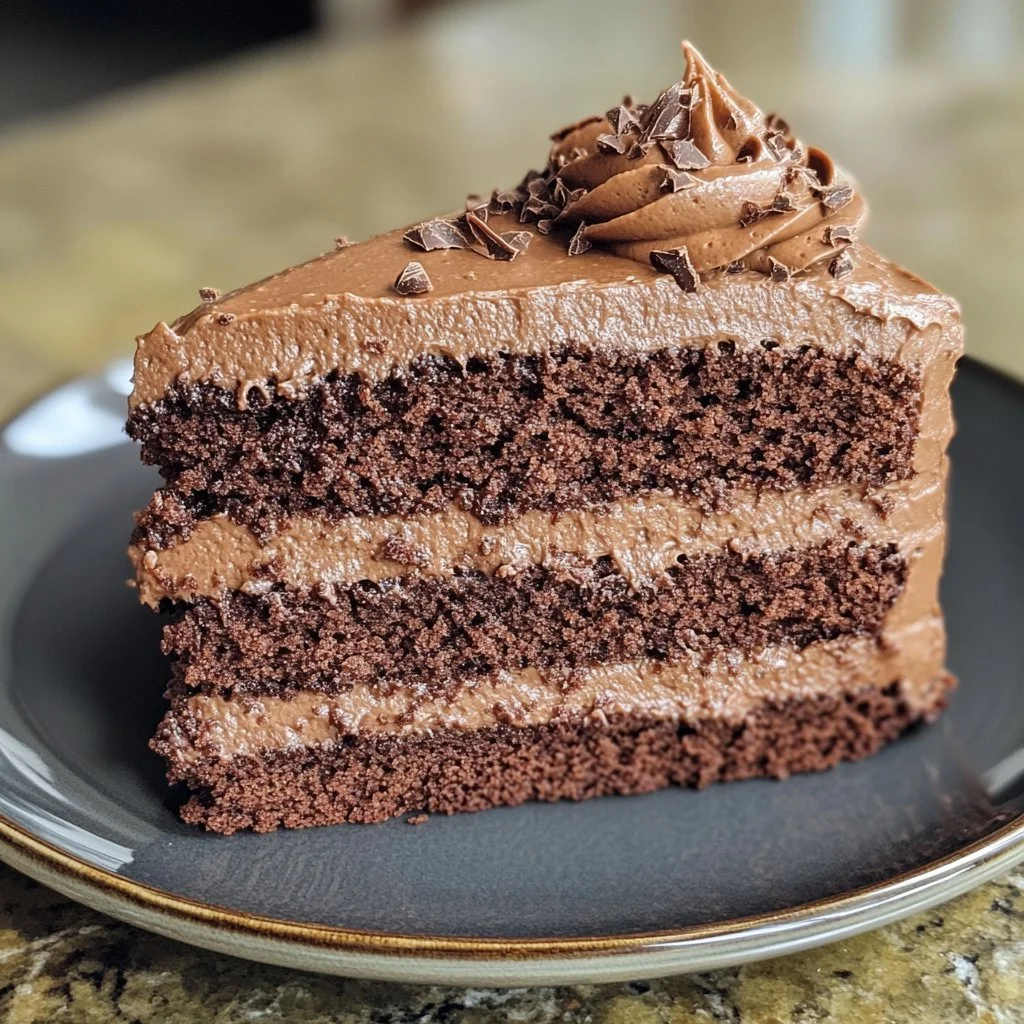Fetta di torta al cioccolato decorata con panna montata e scaglie di cioccolato