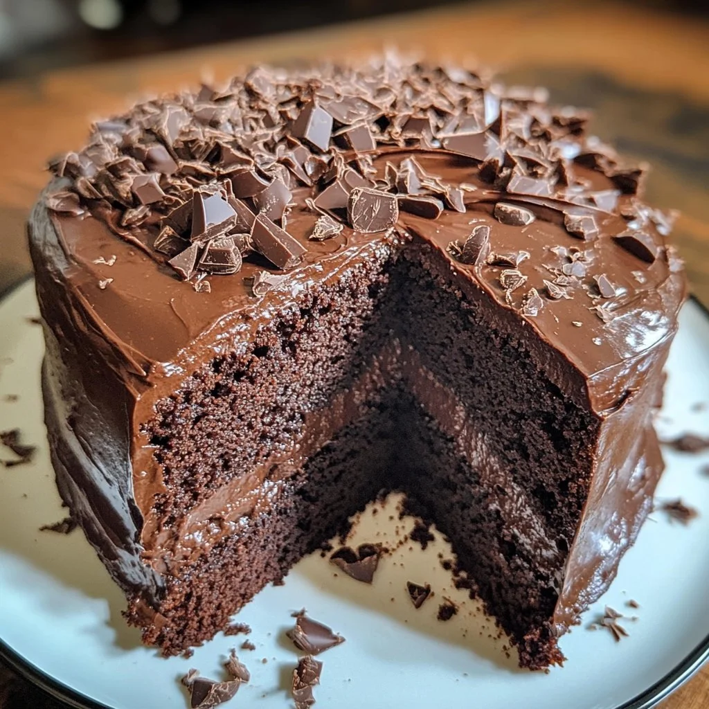 Torta al cioccolato facile e soffice appena sfornata, decorata con cacao.