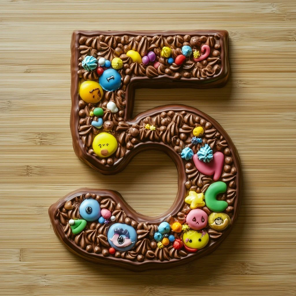 Fetta di torta al cioccolato numero 5 decorata con scaglie di cioccolato