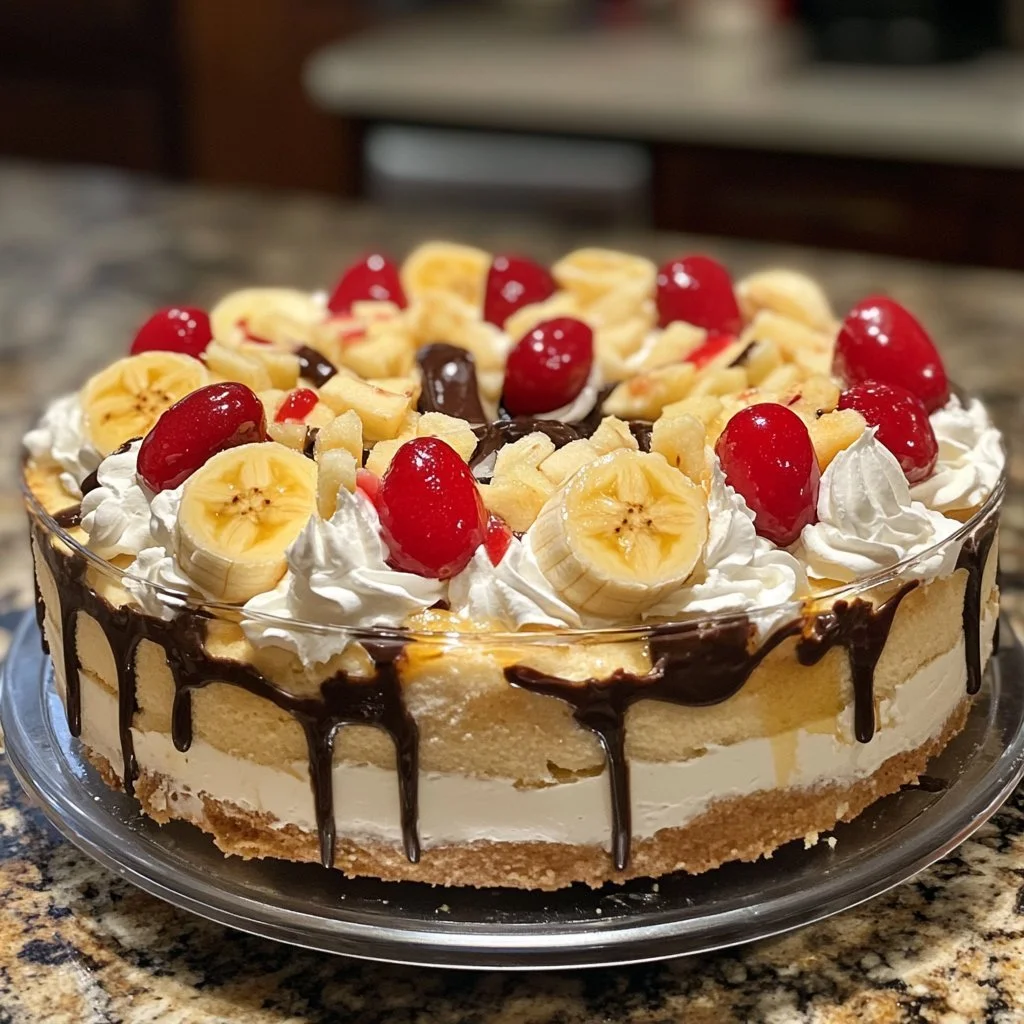 Torta alle Banane Split servita su un piatto elegante