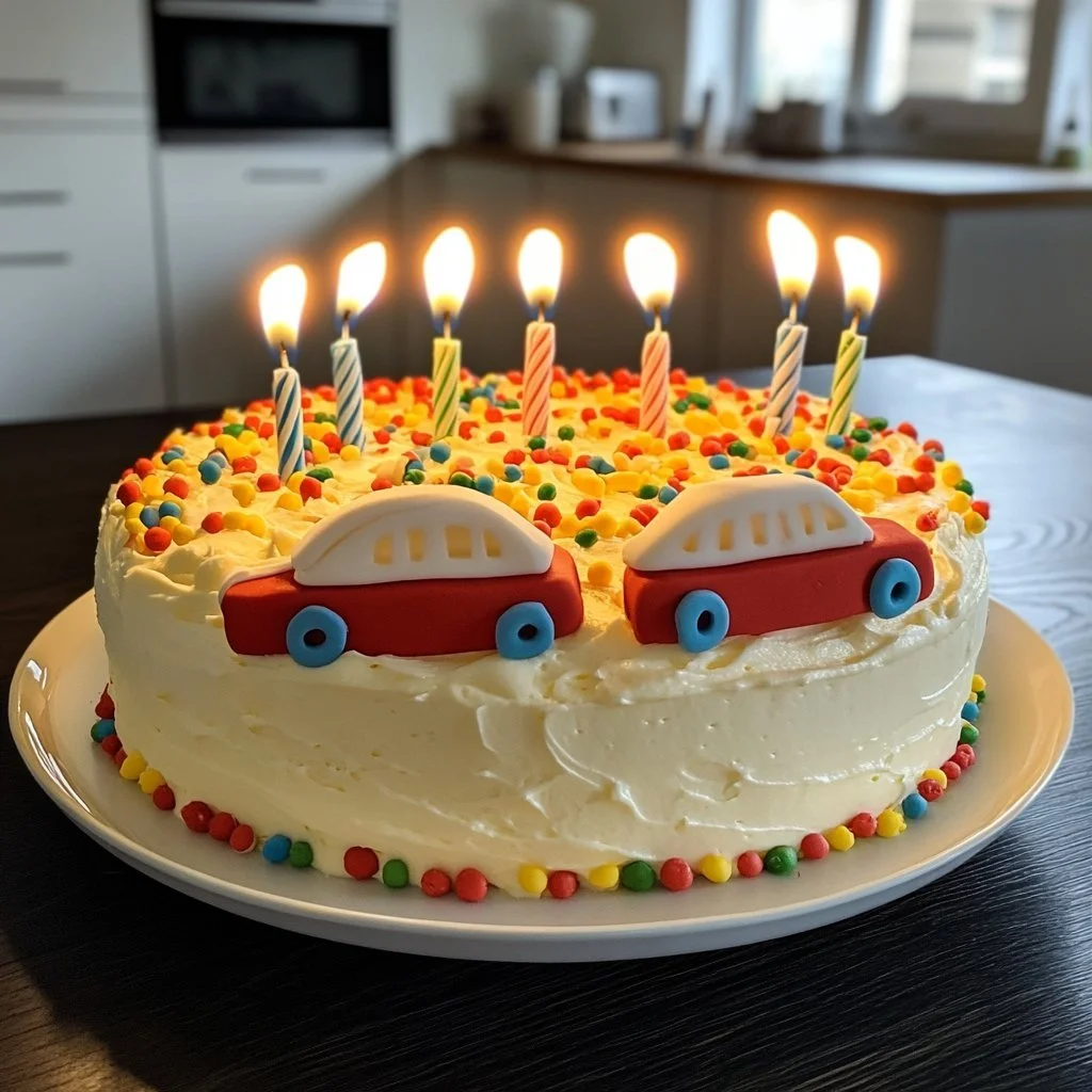 Torta automobile per festeggiare 8 anni, decorata con dettagli motoristici.