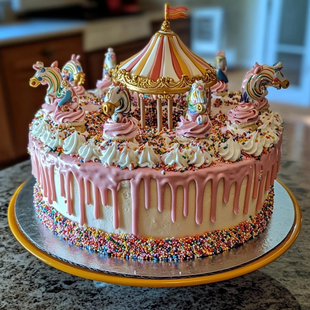 Torta di compleanno CARROSELLO decorata con colori vivaci e dolci sorprendenti