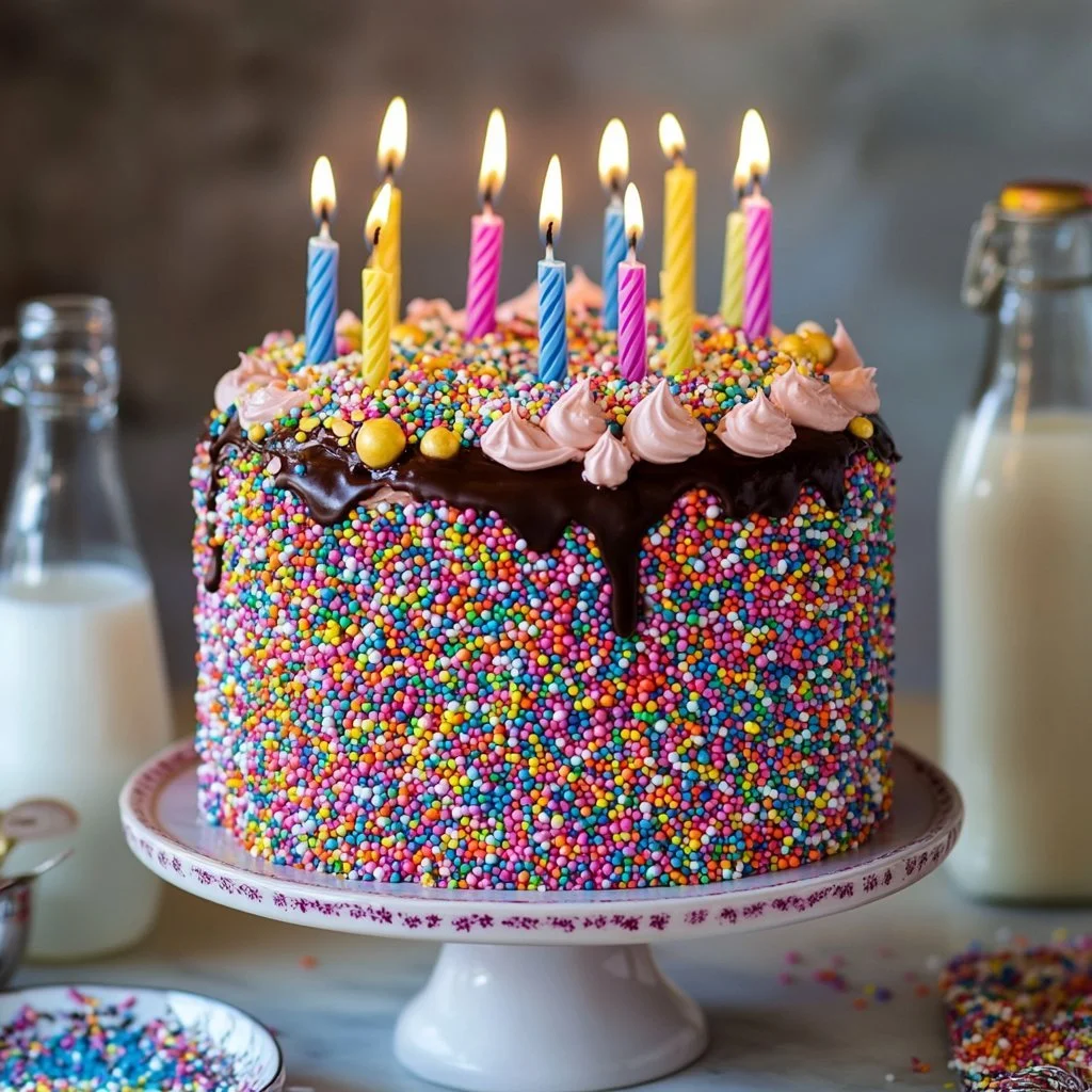 Torta di compleanno Funfetti decorata con colori vivaci e canditi.