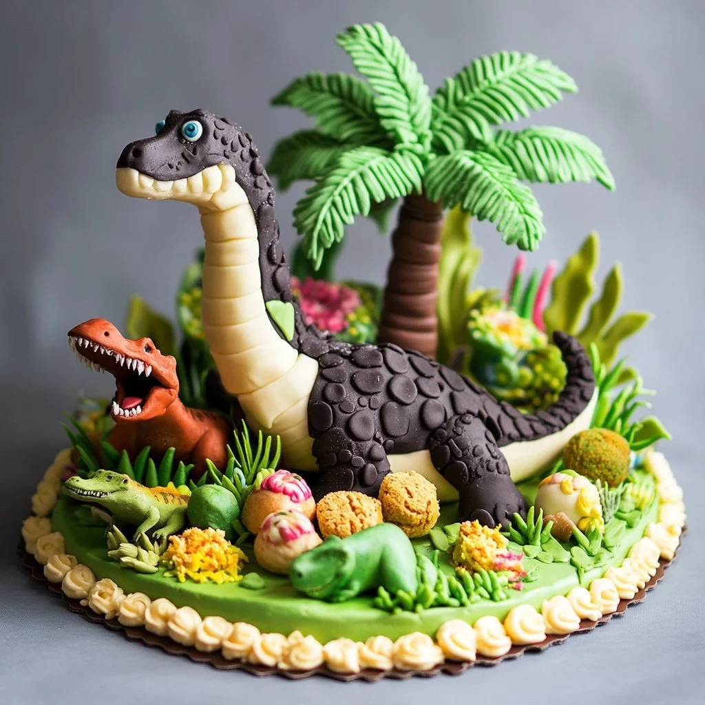 Una torta dinosaurio decorata con design colorati e divertenti per bambini.