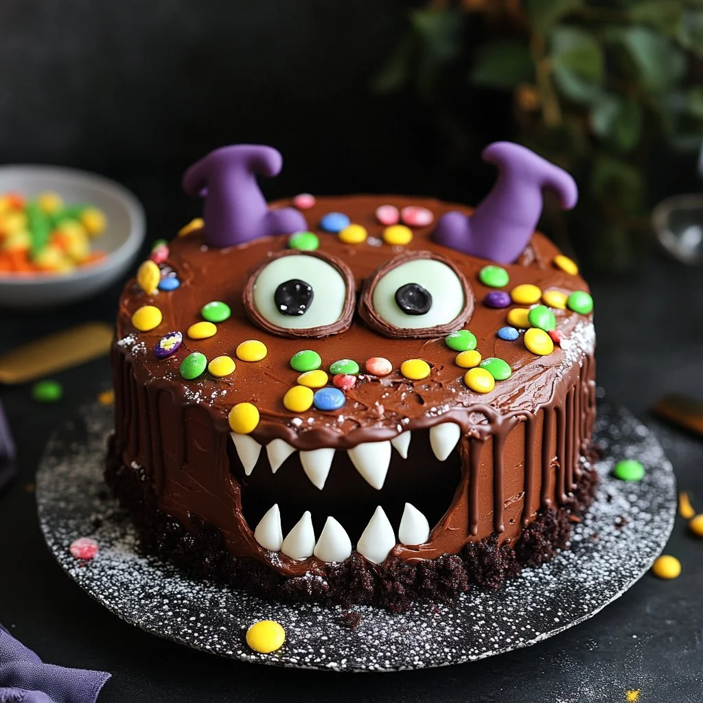Torta mostro decorata per feste di compleanno con design spooky