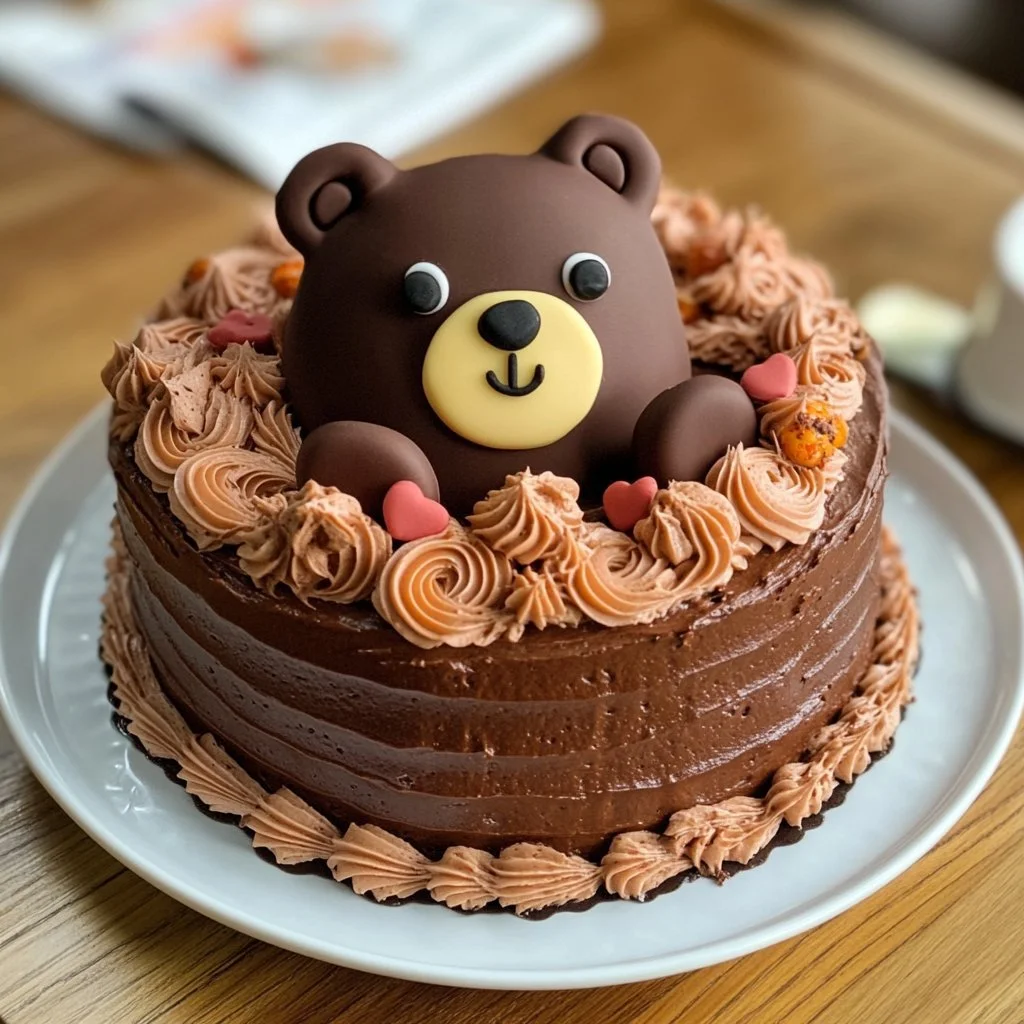 Torta Orso Bruno decorata con cioccolato e frutta, dolce ideale per feste