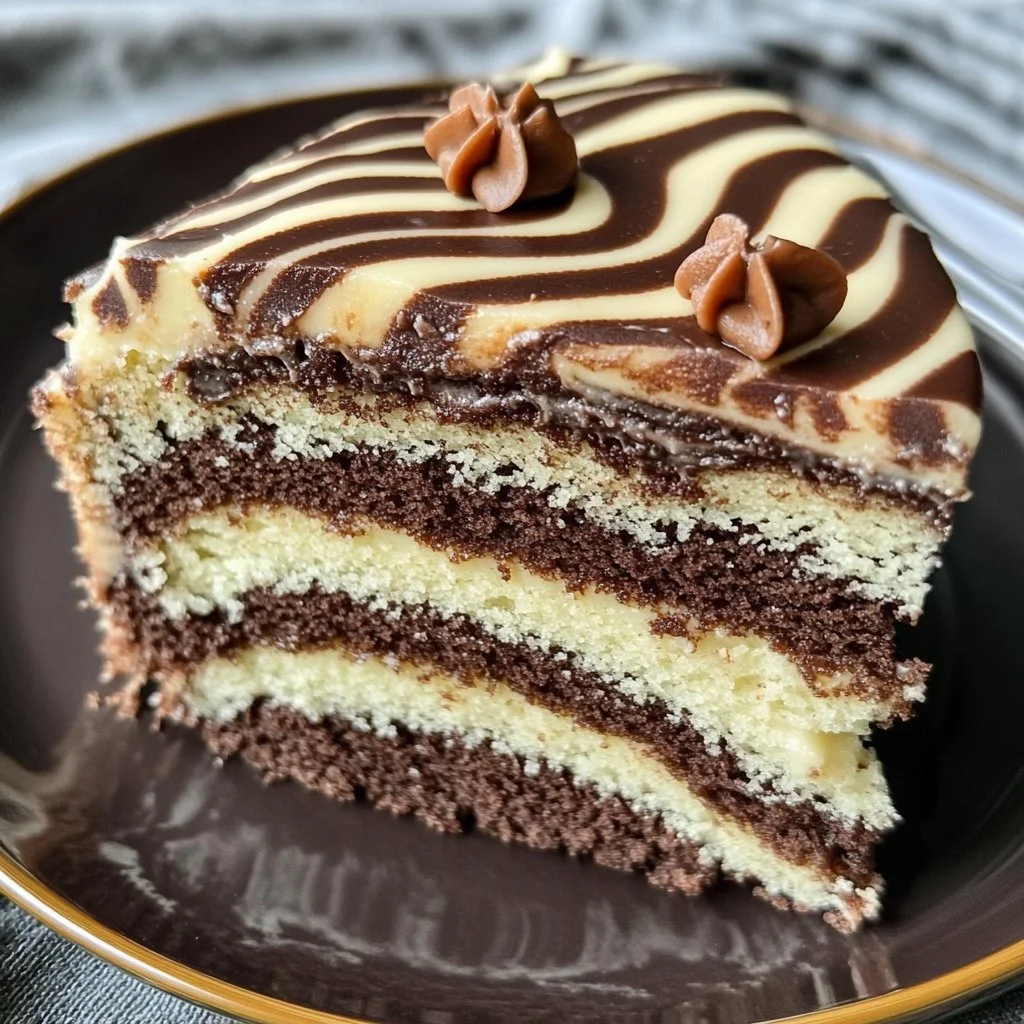 Fetta di Torta Zebra decorata con crema e cioccolato