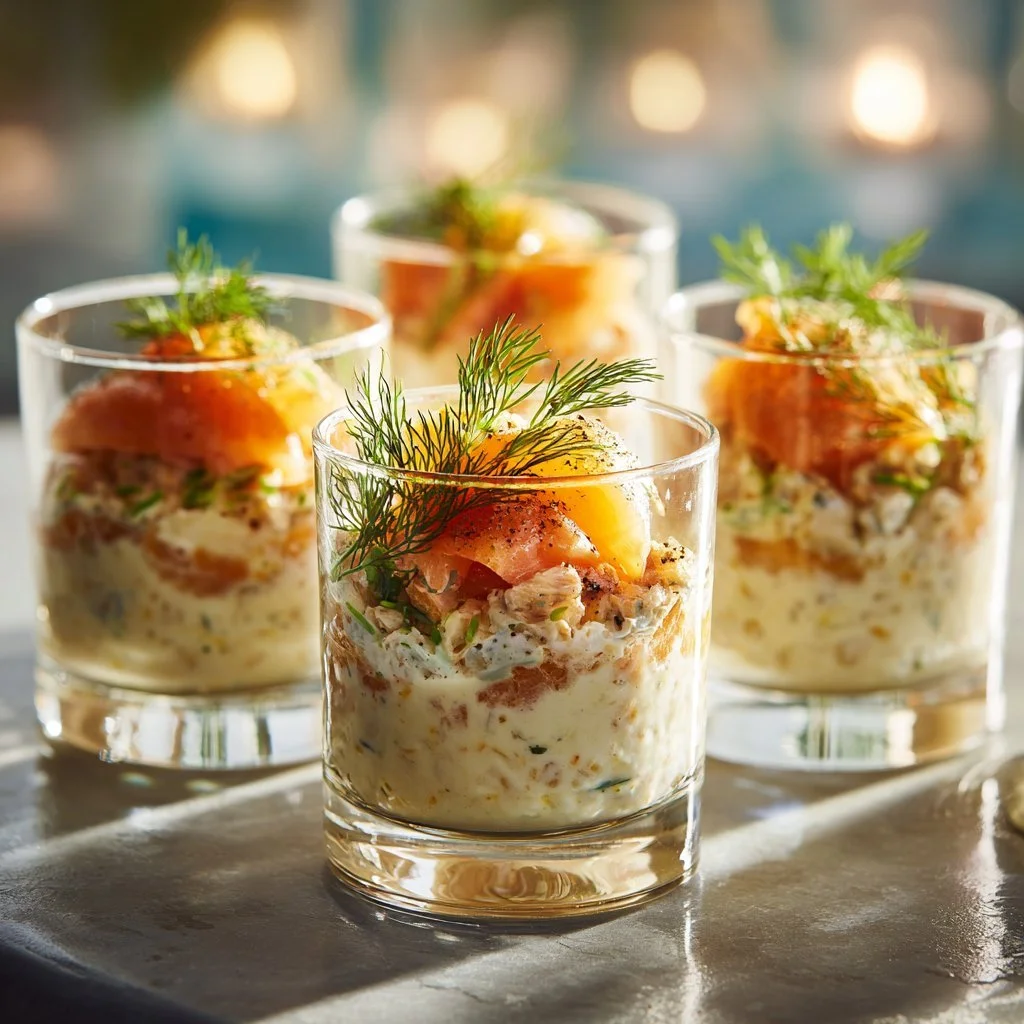 Verrine al salmone e boursin pronte per essere servite, un antipasto elegante.