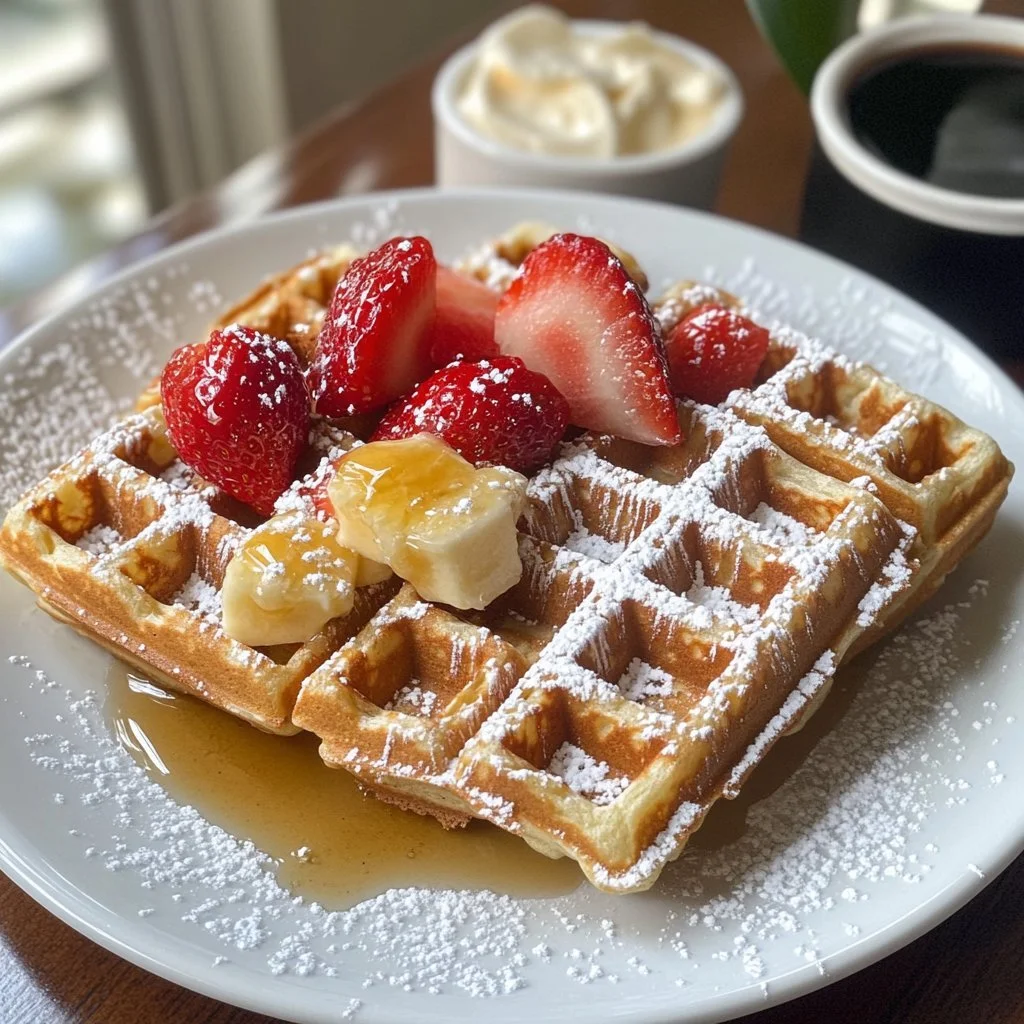 Deliziosi waffle fatti in casa serviti con frutta e sciroppo