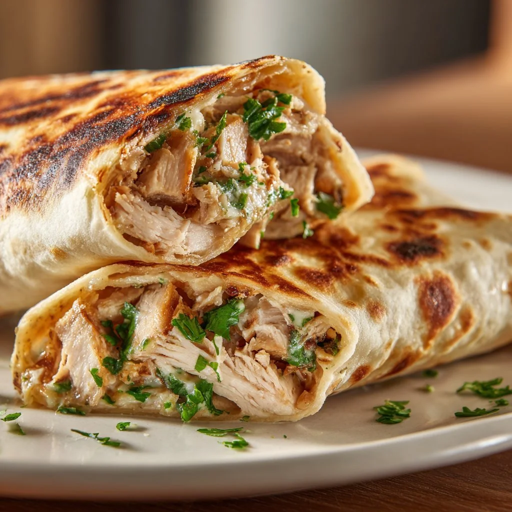 Chicken wraps con pollo, aglio e formaggio fuso su un piatto bianco